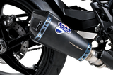 Termignoni Relevance Black Blue Titanium Silencer KTM 1390 Super Duke R with blue riveted straps and removable dB killer