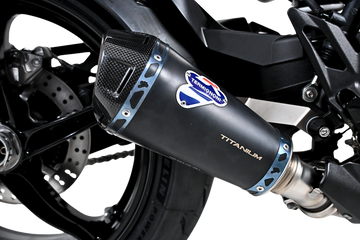Termignoni Relevance Black Blue Titanium Silencer KTM 1390 Super Duke R with blue riveted straps and removable dB killer