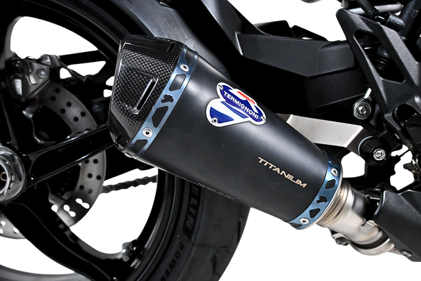 Termignoni Relevance Black Blue Titanium Silencer KTM 1390 Super Duke R with blue riveted straps and removable dB killer