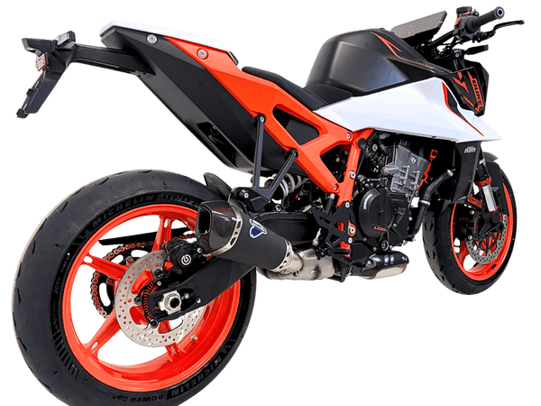 Termignoni conical black silencer fitted to KTM Duke 990 2024–2026 stainless steel exhaust with removable db killer_1