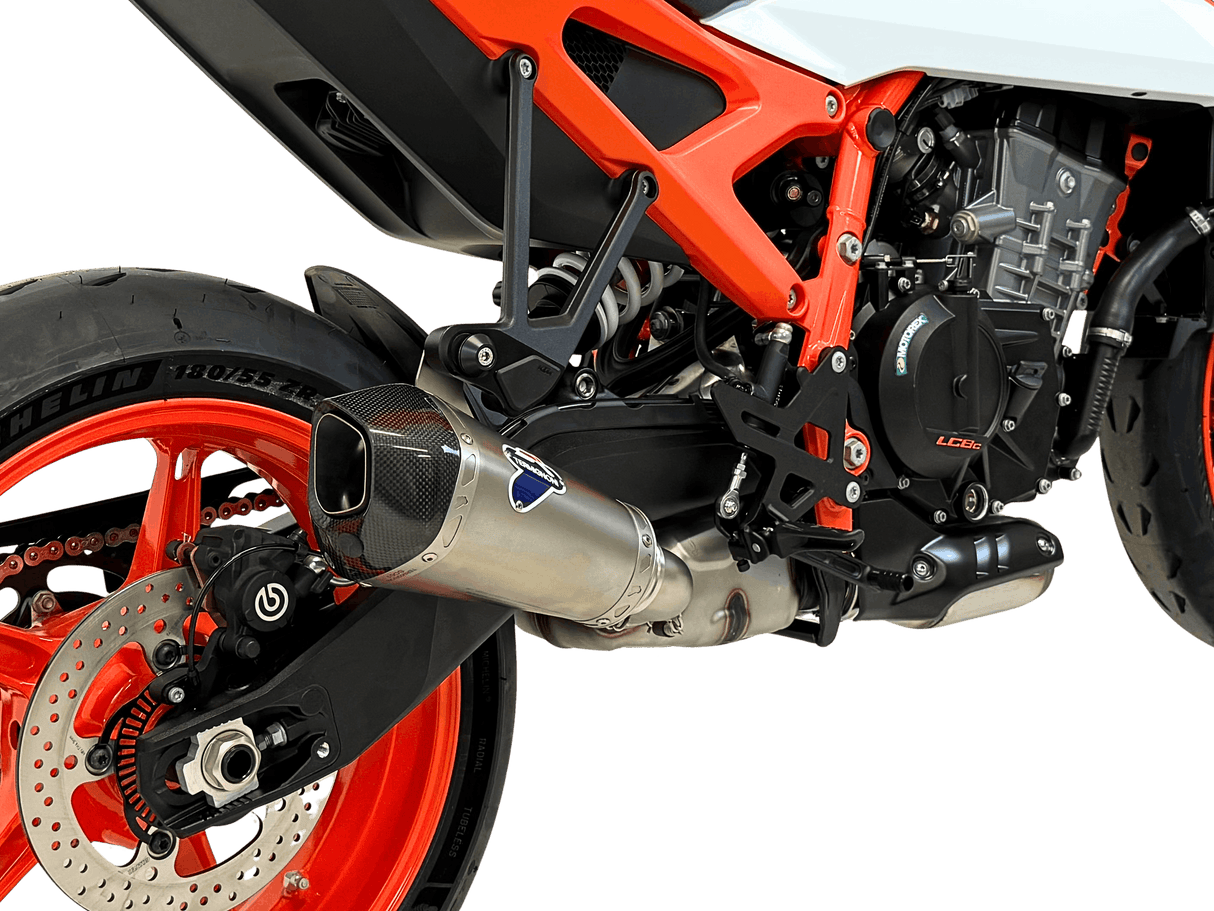 Termignoni titanium conical silencer fitted to KTM Duke 990 2024–2026 exhaust with removable db killer_1