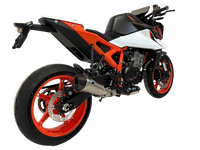 Termignoni titanium conical silencer fitted to KTM Duke 990 2024–2026 exhaust with removable db killer