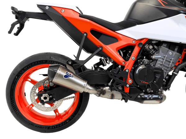 Termignoni titanium conical silencer fitted to KTM Duke 990 2024–2026 exhaust with removable db killer