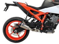 Termignoni GP2R-RHT titanium silencer fitted to KTM Duke 990 2024–2026 with mesh detail and removable db killer
