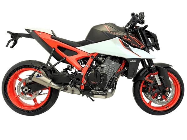 Termignoni GP2R-RHT titanium silencer fitted to KTM Duke 990 2024–2026 with mesh detail and removable db killer_3