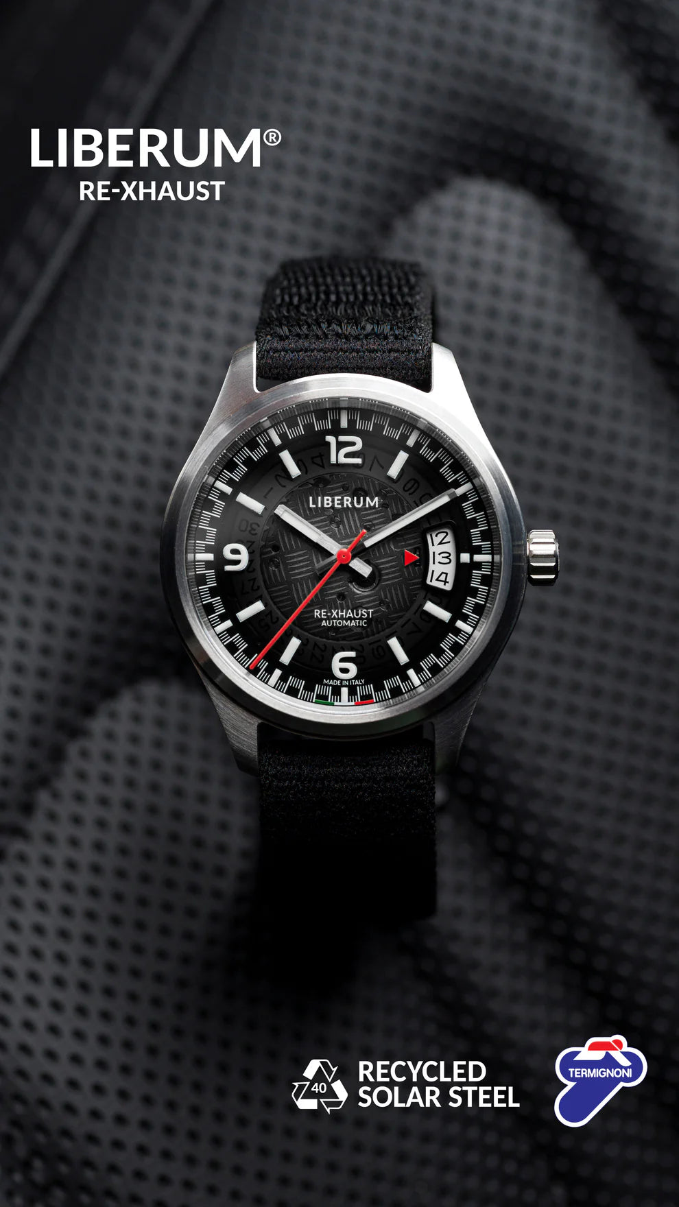 Termignoni Liberum RE-XHAUST Solar Steel automatic watch with recycled stainless steel case and black or yellow dial