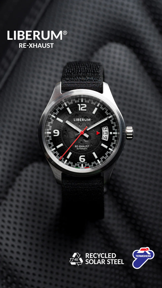Termignoni Liberum RE-XHAUST Solar Steel automatic watch with recycled stainless steel case and black or yellow dial