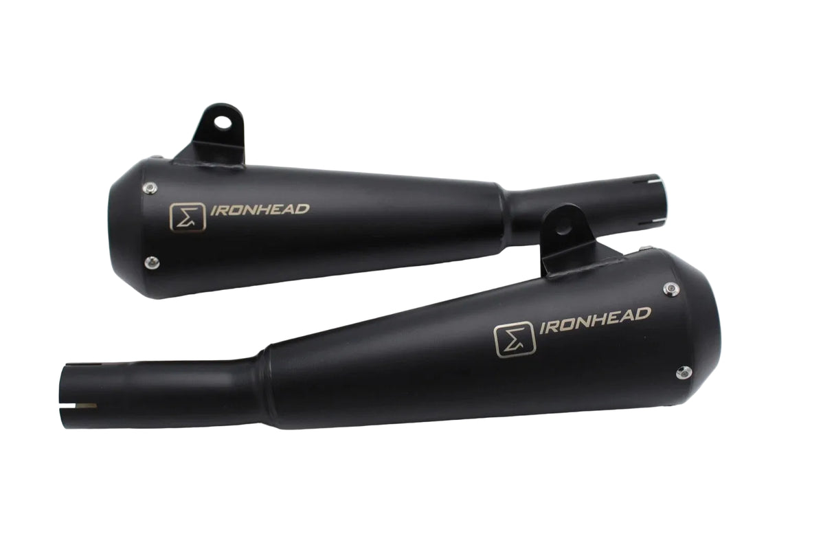 Ironhead black conical slip-on exhaust silencers fitted to Moto Guzzi V7 III 2017–2020