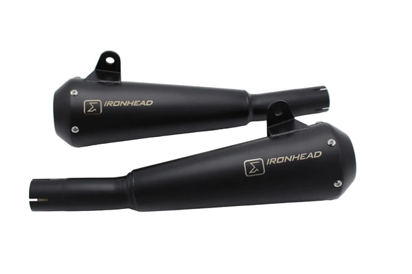 Ironhead black conical slip-on exhaust silencers fitted to Moto Guzzi V7 III 2017–2020