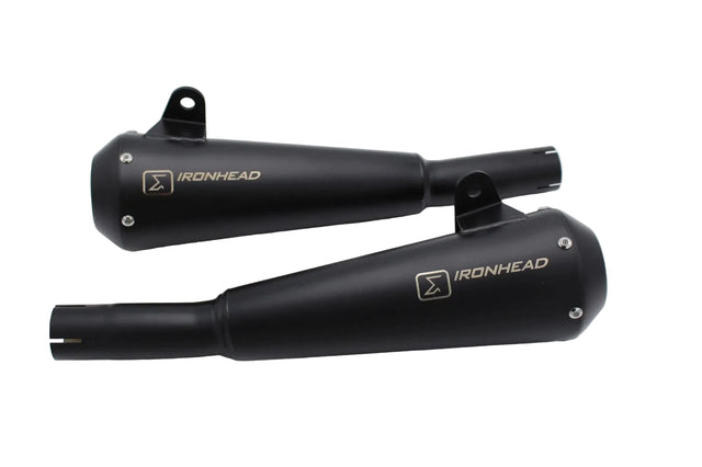 Ironhead black conical slip-on exhaust silencers fitted to Moto Guzzi V7 III 2017–2020