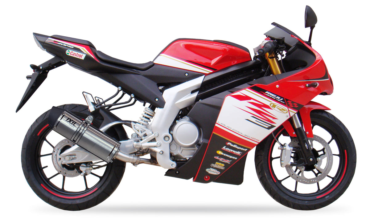 Ixil Hexoval Xtrem Inox stainless steel silencer fitted to Rieju RS3 125 2010–2018