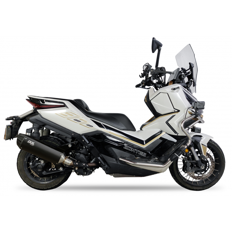 Ixil Hexoval Xtrem Black silencer fitted to Zontes 368 Adventure with black hexoval body