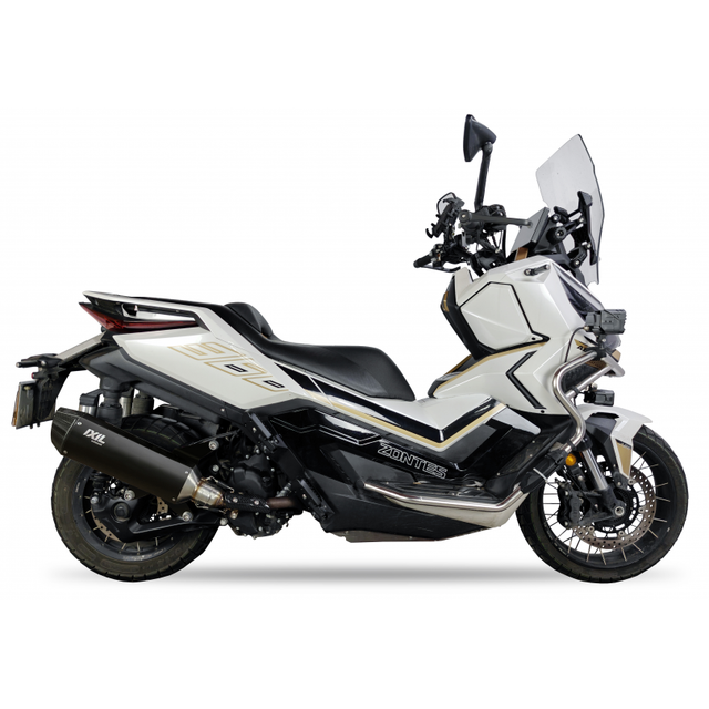 Ixil Hexoval Xtrem Black silencer fitted to Zontes 368 Adventure with black hexoval body