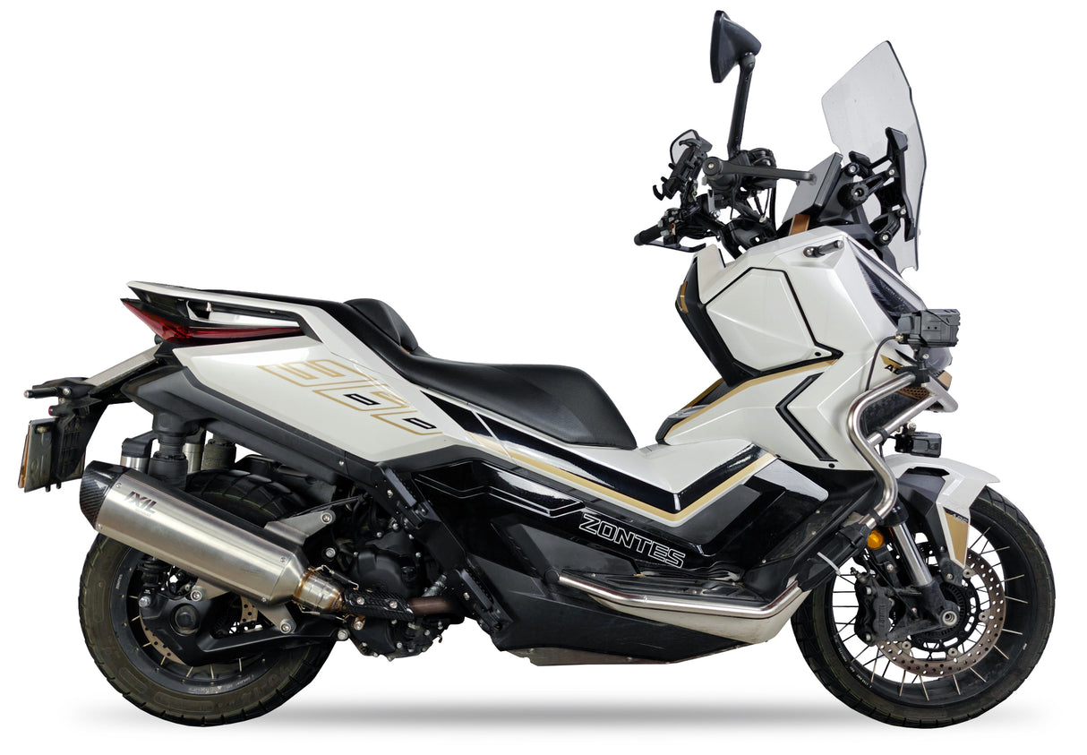 Ixil Hexoval Xtrem silencer fitted to Zontes 368 Adventure with satin stainless steel body and black end cap