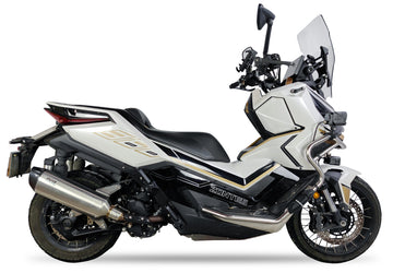Ixil Hexoval Xtrem silencer fitted to Zontes 368 Adventure with satin stainless steel body and black end cap