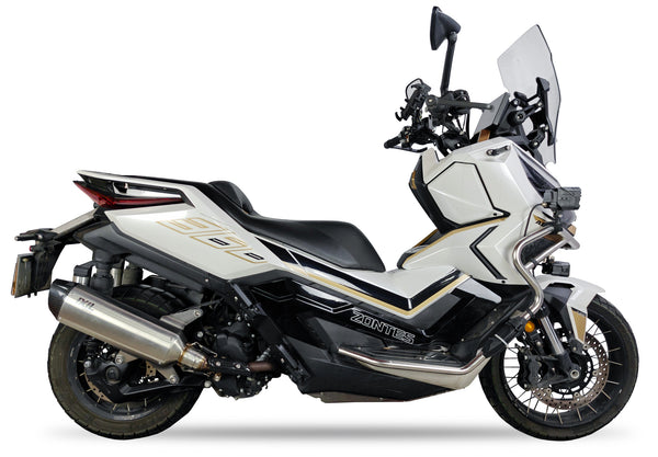 Ixil Hexoval Xtrem silencer fitted to Zontes 368 Adventure with satin stainless steel body and black end cap