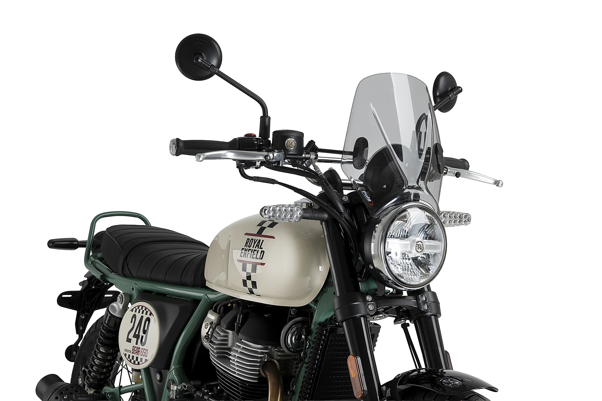 Puig Mito Screen for the Royal Enfield Naked Bike Range. Available at Motorcycle Performance Store.