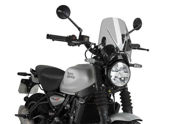 Puig Mito Screen for the Royal Enfield Naked Bike Range. Available at Motorcycle Performance Store.