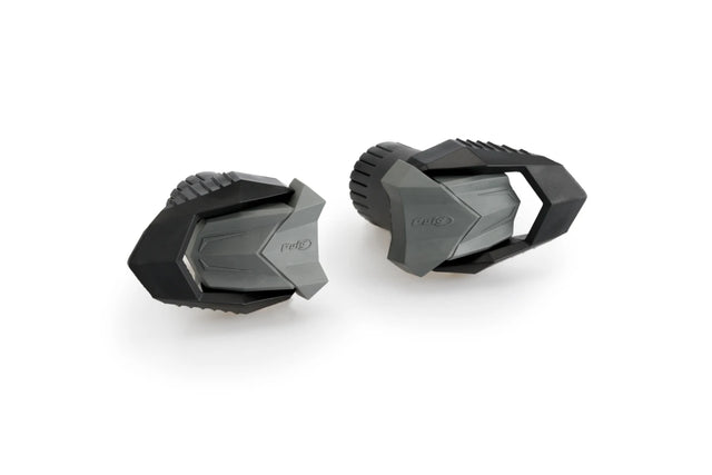 Puig R19 frame sliders fitted to BMW F800R 2015–2019 nylon crash protectors with grey rubber ends