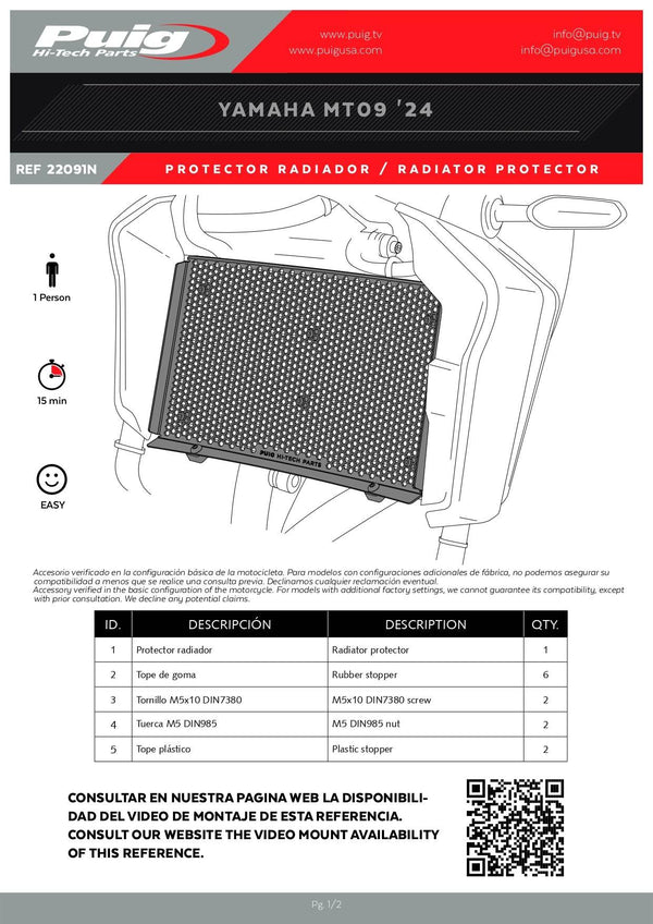 Puig aluminium radiator guard with black textured finish and hex mesh for Yamaha MT-09 radiator protection_1