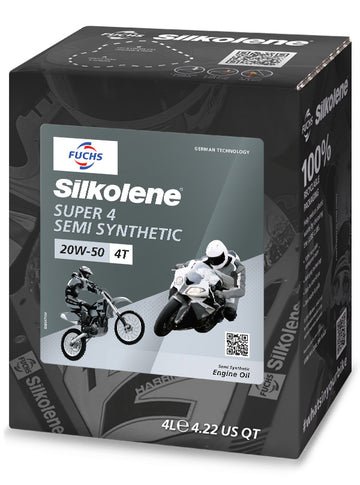 Silkolene Super 4 Stroke semi-synthetic motorcycle engine oil with MC-Syn Technology, available in 10W-40 and 20W-50 viscosities, 1 litre and 4 litre _3