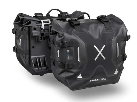 SHAD TR30 waterproof panniers 30 litre motorcycle soft luggage with quick release lock system and reinforced base