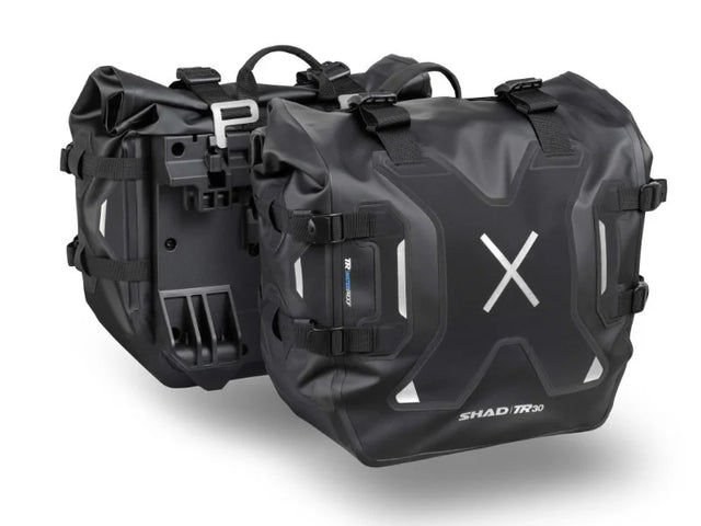 SHAD TR30 waterproof panniers 30 litre motorcycle soft luggage with quick release lock system and reinforced base