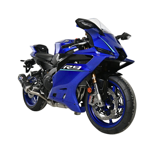 Termignoni black titanium homologated exhaust system fitted to Yamaha YZF-R9 2025–2026 with carbon fibre end cap_4