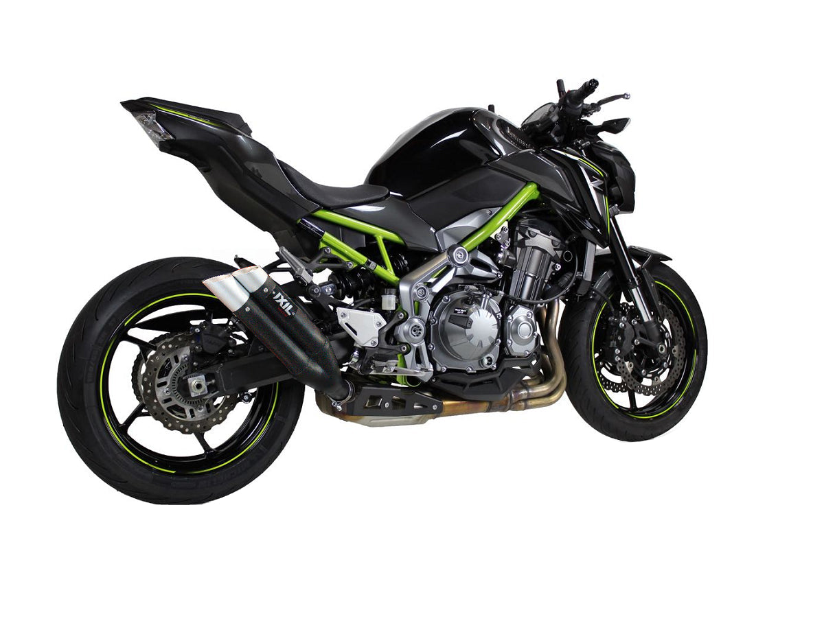 IXIL Hyperlow XL Black Dual Exit Slip-On Exhaust Kawasaki Z900 2017-19, AISI 304 stainless-steel silencer with high-temperature matt black finish, twin 50 mm round outlets and bright-polished aluminium sport end cap_1