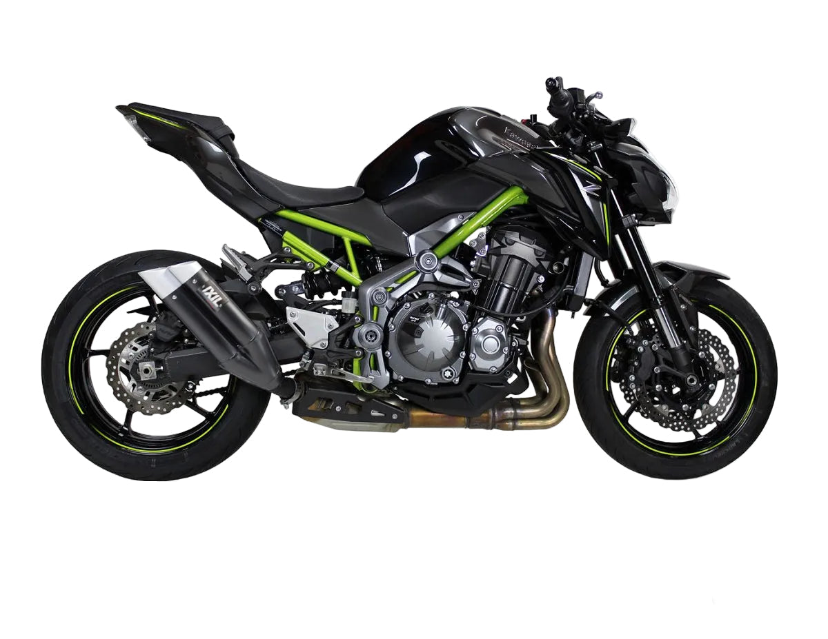 IXIL Hyperlow XL Black Dual Exit Slip-On Exhaust Kawasaki Z900 2017-19, AISI 304 stainless-steel silencer with high-temperature matt black finish, twin 50 mm round outlets and bright-polished aluminium sport end cap