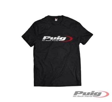 Puig Black Hi-Tech Parts 100% cotton T-Shirt with white and red Puig logo on front, available in sizes Small to 4XL