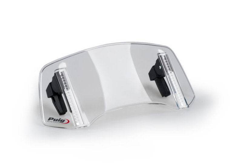 Puig Extender Visor 2.0 Multi-Adjustor universal clamp-on motorcycle windscreen extension, 300 mm wide with four tilt positions, 100 mm height adjustment and Clear or Light Smoke finish_1