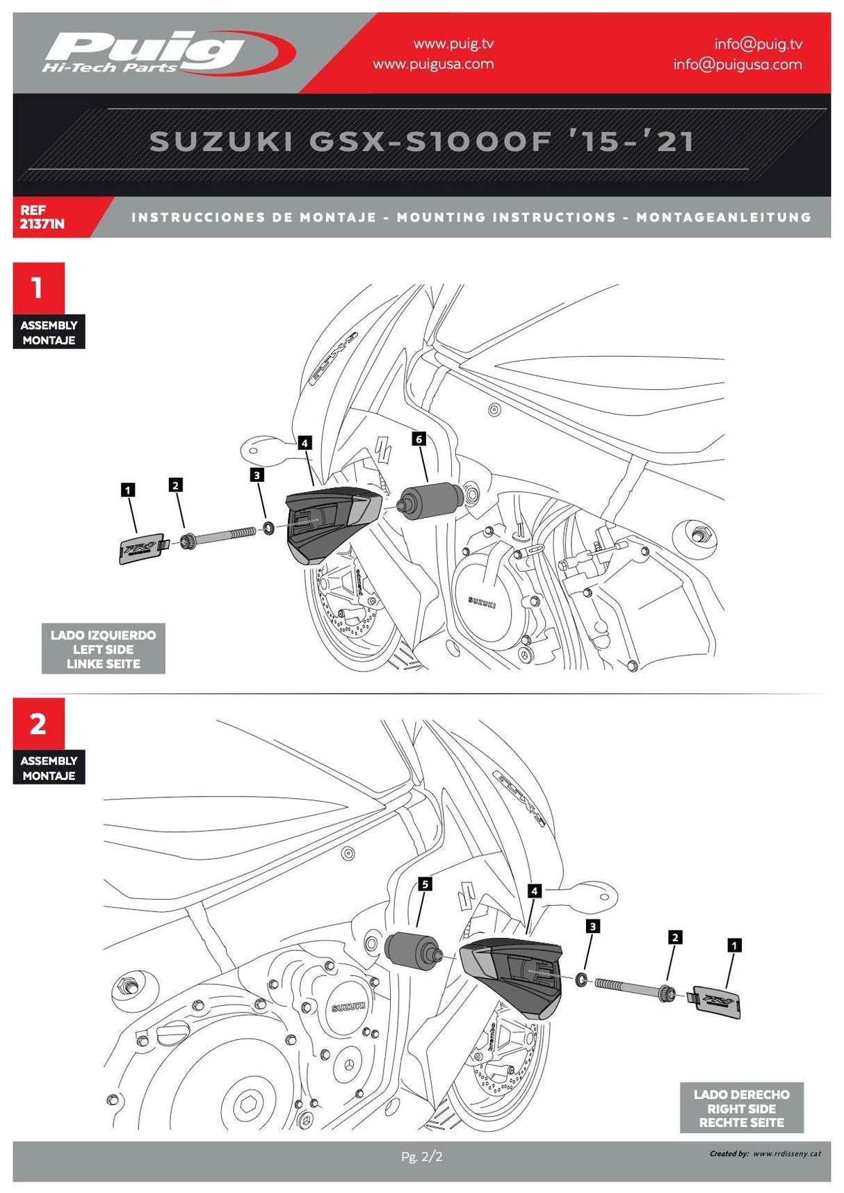 Puig Pro 2.0 Frame Sliders Suzuki GSX-S1000F 2015-20 - Motorcycle Performance Store